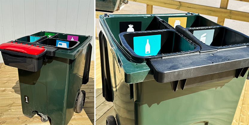 Två sopkärl med fyra fack i varje.