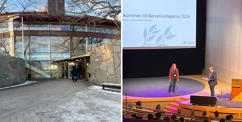 Bild på Aula Magna utifrån och den stora hörsalen.